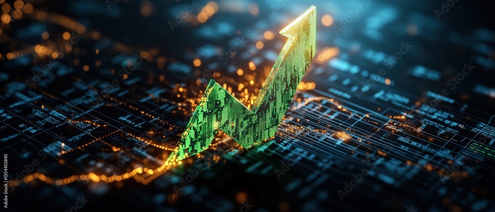 Poster upward-trending arrow of data points on circuit board symbolizing technological growth and financial