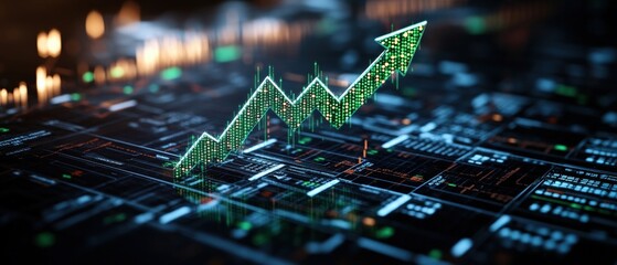 Glowing green upward arrow composed of dynamic data streams elegantly ascends over a complex circuit board symbolizing rapid technological growth and progress
