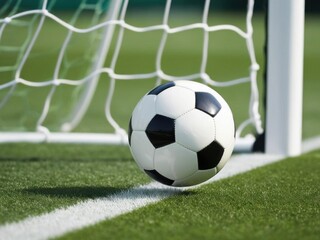 A close-up shot of a soccer ball next to the goalpost on a lush green field, capturing the essence of the game.