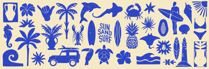 Summer surf set, vector hand drawn tropical vacation graphic, exotic island logo print, dolphin, sun. Ocean wave silhouette, Hawaii plants flowers sticker, palm tree. Coastal summer surf t-shirt decor