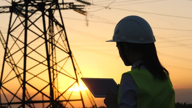 silhouette electrical engineer, work tablet sunset, electric tower, digital hand, engineer hardhat, writes down data, silhouette engineer helmet, industry concept, business partnership, silhouette