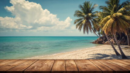Empty wooden table on blurred background of sunny beach with palm trees on sea shore