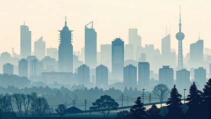 Fototapeta premium A serene skyline showcases modern skyscrapers blending into the misty horizon at dawn.