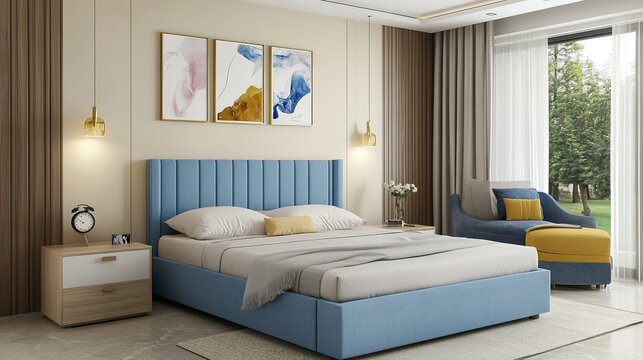 blue fabric bed with a headboard, beige walls, and yellow accent furniture in the background, modern bedroom interior design of an apartment or house, Interior rendering concept.