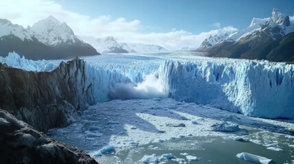 Majestic view of Perito Moreno Glacier with ice collapse. Concept of climate change and melting ice