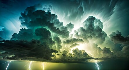 Vivid green and yellow lightning striking the earth under a bright turquoise sky and ominous clouds, AI Generated