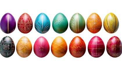 Obraz premium Easter eggs in rows, set of colorful easter eggs isolated on transparent white background. 