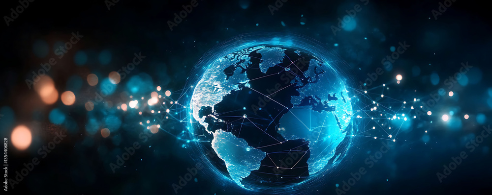 Poster a digital globe glows amidst a dark backdrop, encircled by a network of light points, suggesting glo