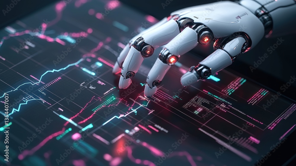 Poster a robotic hand interacts with a futuristic digital interface featu dynamic financial data charts, gr