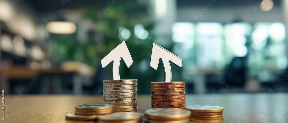 Poster two stacks of coins with upward arrows displaying financial growth and investment strategy on a tabl