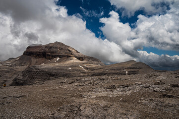 nature sceneriesinside the Sass Pordoi, Sella mountain range, Dolomites, Val di Fassa, Italy