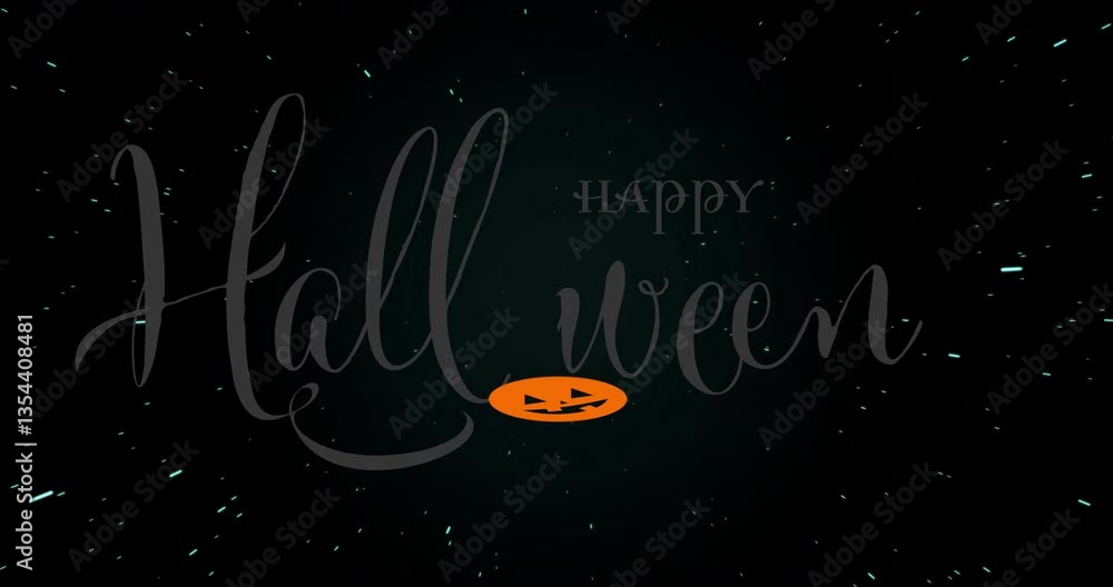 Poster pumpkin face and spider web creating halloween animation on dark background