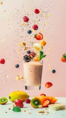 Vibrant fruit smoothie explosion with berries banana kiwi and granola
