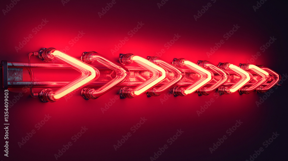 Aufkleber illuminated red neon arrow sign pointing right direction on a dark background in a horizontal view