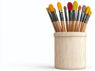 Colorful Paintbrushes in a Wooden Pot on a White Background