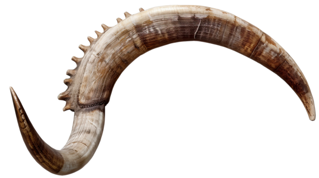 Curved Horns: A striking close-up of a curved horn, showcasing the intricate texture and natural beauty of its form, its surface bearing the marks of time and the elements.