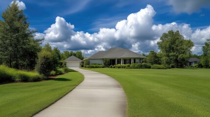 Naklejka premium A wide, curving driveway leads to a beautiful home, set amongst lush greenery and a vibrant blue sky