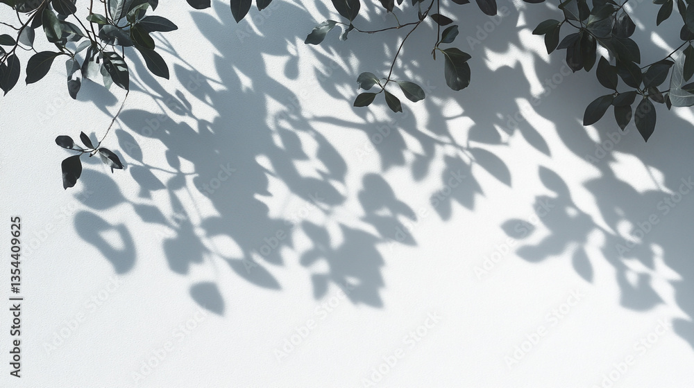 Aufkleber shadows of leaves projected on a white wall creating an abstract natural pattern and minimalist desi