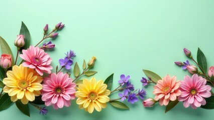Obraz premium Vibrant Spring Blossoms Arranged in a Delicate Border on a Pastel Green Background, Perfect for Greeting Cards or Invitations