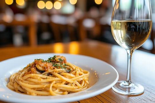 seafood linguine pasta with shrimp garnished with fresh herbs served with white wine in upscale restaurant setting
