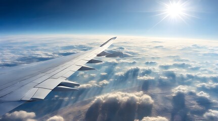 Obraz premium Morning flight with sunlight wing of plane over city view airplane flying above clouds blue sky.generative.ai
