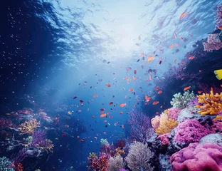 Fotobehang Vibrant coral reef teeming with colorful fish in a sunlit underwater scene.  A breathtaking view of marine life in a healthy ocean ecosystem © Muhammad