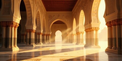 Obraz premium Golden Hour Illumination in an Ornate Architectural Hallway with Numerous Arched Entryways and Intricate Columns