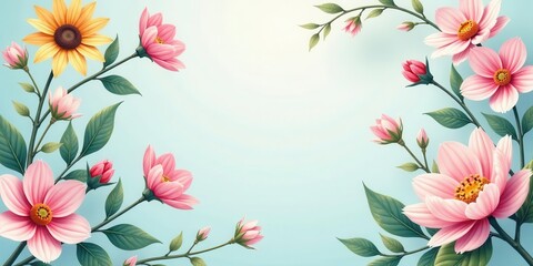 Floral Delights A Soft Pastel Arrangement of Blooming Flowers and Buds on Lush Green Foliage, Framed Against a Serene Light Blue Background