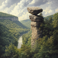 A tall, rugged rock formation juts out from a forested landscape, featuring a large boulder balanced atop a larger base rock.