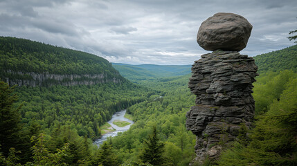 A towering rock formation rises from a forested landscape, with a large boulder balanced on top.