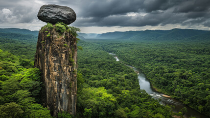 A towering rock formation stands tall amidst a dense forest, with a large boulder precariously balanced atop its base.