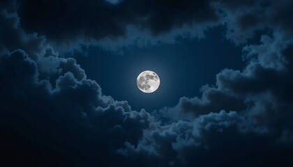 Moon on Night Sky, Full moon glowing over dark blue sky with soft clouds, creating serene nighttime landscape, Full moon on night sky on dark clouds background