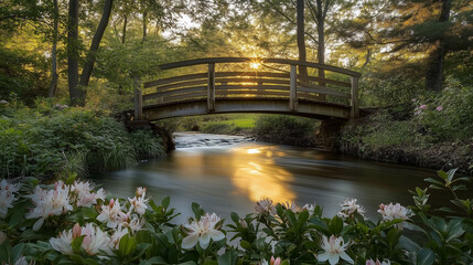A tranquil nature scene of an elegant wooden bridge spanning a picturesque stream, surrounded by lush foliage and clusters of soft pink flowers.