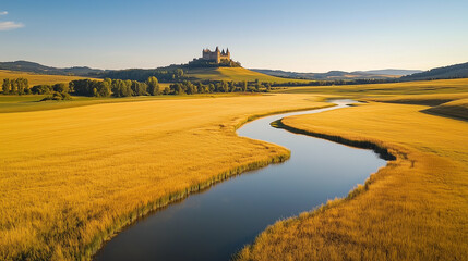 A vast field of golden grass stretches under the warmth of the afternoon sun, with a grand castle standing in the distance atop a rolling hill.