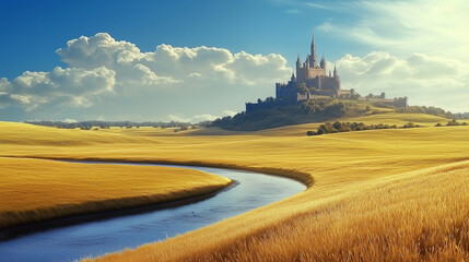 A vast golden grassland bathed in warm sunlight stretches endlessly beneath a clear blue sky, dotted with fluffy white clouds.