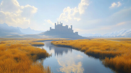 A vast, golden grassland stretches under a clear sky, with fluffy clouds drifting overhead.