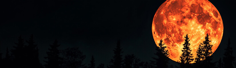 A vivid, dramatic photograph of a full moon during a total lunar eclipse, glowing brightly in an red hue.