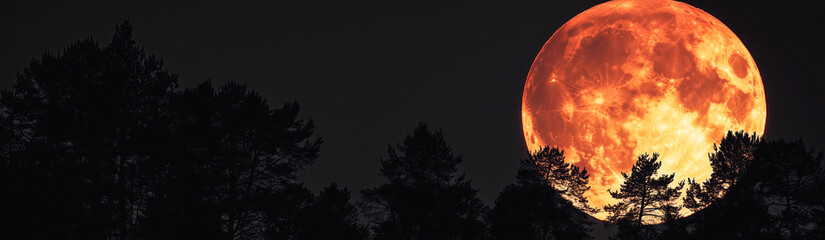 A vivid, dramatic photograph of a full moon during a total lunar eclipse, glowing brightly in an red hue.