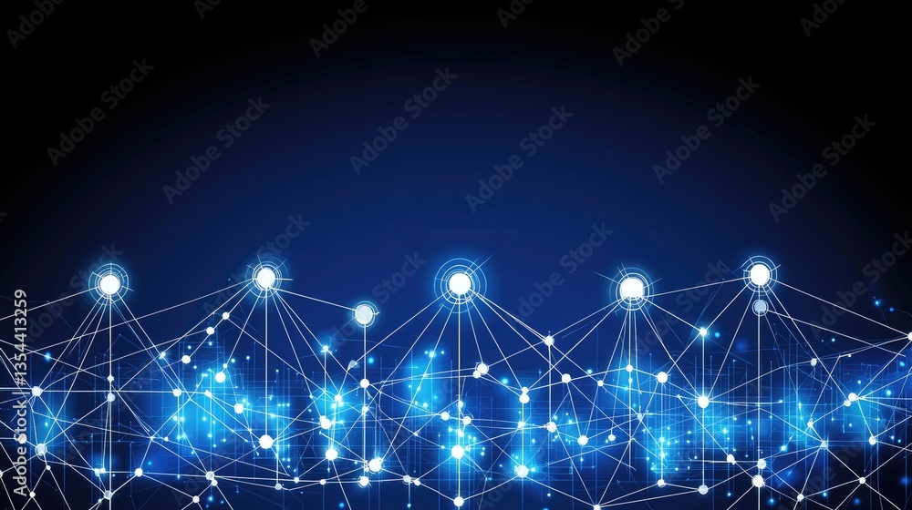 Poster abstract glowing dots connected by lines on dark blue. technology background for presentations
