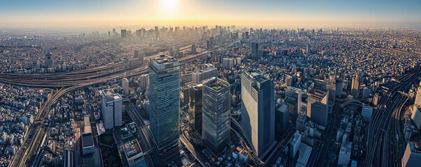 An awe-inspiring bird's-eye view of Tokyo's skyline under a crisp, clear sky, featuring an intricate patchwork of towering glass skyscrapers, historic buildings,
