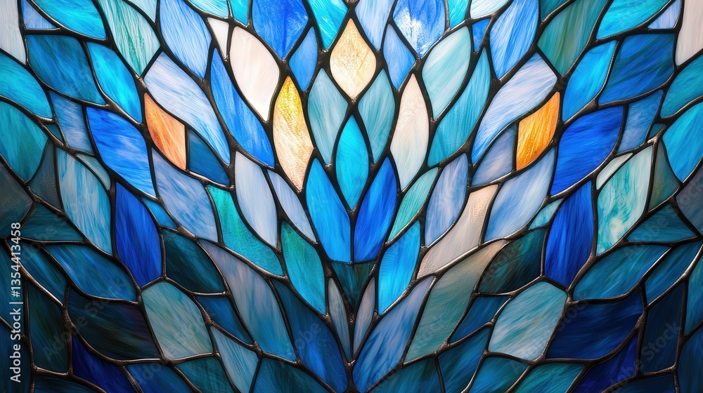 Aufkleber a vibrant stained glass design featuring an array of blue and teal shapes, creating a beautiful and 