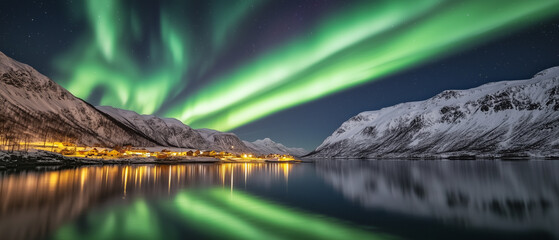 An awe-inspiring vision of the Aurora Borealis stretching across the midnight sky, its green and purple hues swirling like a celestial dance above a mirror-like lake.