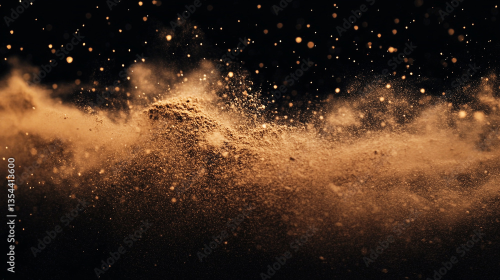 Poster a golden dust explosion with bokeh lights against a dark background creating a dynamic effect