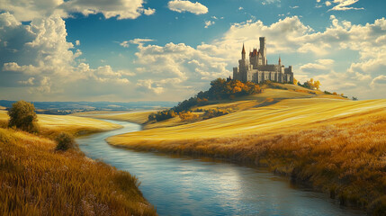 An enchanting, high-detail fantasy landscape where golden fields meet a sky painted in soft blues and whites.