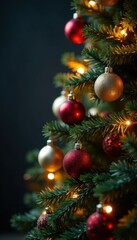 Christmas tree decorated with ornaments and lights, holiday, evergreen