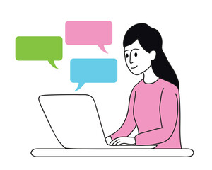 young woman with laptop, business woman with laptop communicating online with other people in business, communication concept, doodle vector illustration