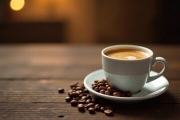 Obraz premium Classic wooden table with espresso cup and beans, warm ambiance , interior, tabletop, rustic
