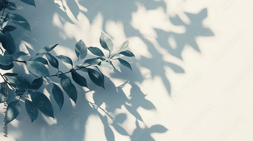 Poster branch with leaves casting shadows on a white wall in a soft and muted color palette creating a sere