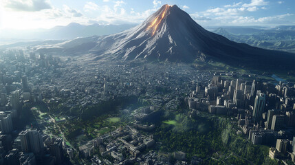 An ultra-detailed aerial composition showcasing a breathtaking volcano dominating the skyline above a densely populated city.