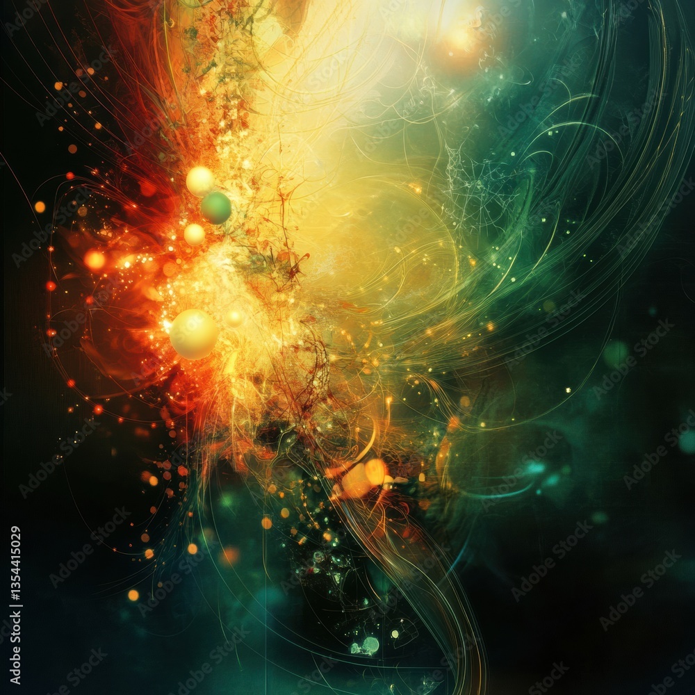 Poster abstract art composition with vibrant colors and dynamic textures in a cosmic atmosphere